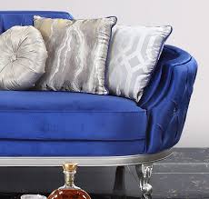 Silver Finish Wood Blue Velvet Sofa