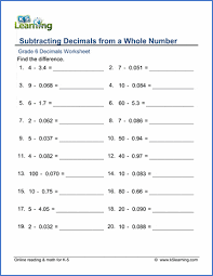Subtraction Of Decimals Worksheets