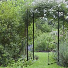 Outsunny 84 75 H X 19 W Metal Garden Arch With Gate Climbing Planter Frame Backyard Decor For Vines Morning Glory Black Aosom Canada