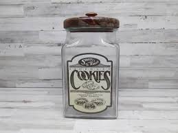 Vintage Secret Recipe Glass Cookie Jar With Wood Lid General Counter Display Country Farmhouse Decor