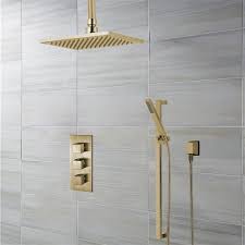 Brush the surface of the shower with a toothbrush and a toothpaste. Buy Benete Square Brushed Gold Rain Shower System Faucet Set 2 Outlets Ceiling Head Handset Online