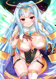 deogho (liujinzy9854), roana (epic seven), epic seven, absurdres, highres,  korean commentary, 1girl, asymmetrical legwear, black gloves, blue hair,  blunt bangs, breasts, circlet, closed mouth, frills, gem, gloves, glowing,  glowing wings, gluteal fold,