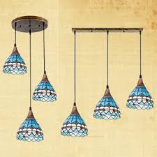 Mediterranean Style Blue Suspension Light Domed Shade 3 Lights Stained Glass Hanging Light For Bar Beautifulhalo Com