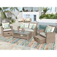 4 Piece Wicker Outdoor Conversation Set All Weather Wicker Sectional Sofa With Ottoman And Cushions In Beige