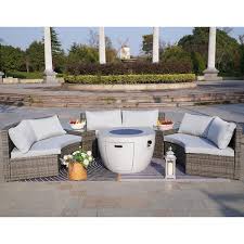 Cedar Half Moon Grey 6 Piece Wicker Outdoor Sectional Set Round Firepits With Grey Cushions
