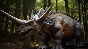 triceratops stands on the forest floor