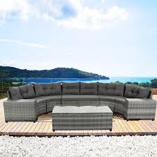 8 Piece Wicker Rattan Outdoor Patio Conversation Sectional Curved Sofa Set With Gray Cushions