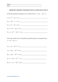 Quadratic Equations Worksheets Vertex