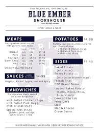 menu of blue ember smokehouse in fort