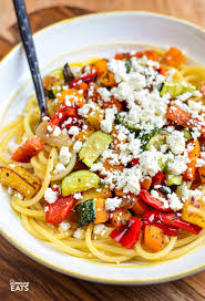 roasted vegetables with feta and pasta