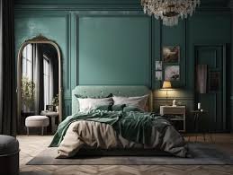 A Bedroom With A Green Wall And A Bed