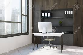Dark Wood Office Workplace Corner With A Bookcase A Large Window