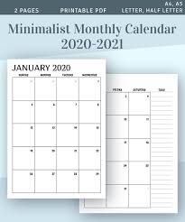 Printable Calendar Monthly 2020 2021 Month On Two Page Planner Minimalist Printable Monthly Calendar Template Year Calendar Pdf Insert