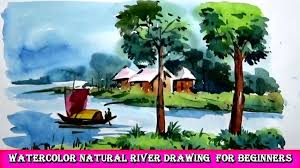 Watercolor Drawing Natural River For