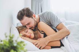happy couple lover bed hug kiss