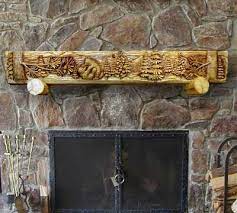 Carved Bear Log Mantel Rustic