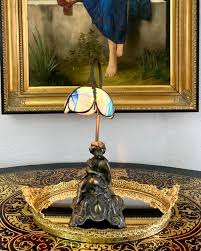 Lamp Bronze Cherub With Blue Stained