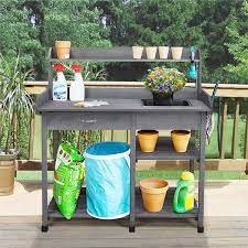 Yaheetech Outdoor Solid Wood Potting Bench With Drawer Adjustable Shelf Rack And Removable Sink Gray
