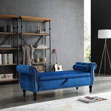 63 In Blue Velvet Rectangular Sofa Stool Ons Tufted Nailhead Trimmed Ottoman Solid Wood Legs With 1 Pillow