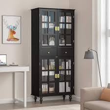 fufu a 72 4 in h wood storage display cabinet with drawers and red gl doors adjule shelves black paint finish