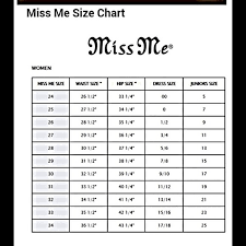 Miss Me Jeans Size Chart Juniors Miss Me Jeans Size Chart
