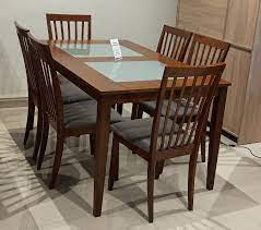 Glass Top 6 Seater Wooden Dining Table Set