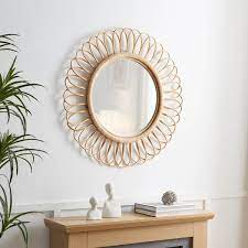Round Rattan Beige Framed Wall Mirror