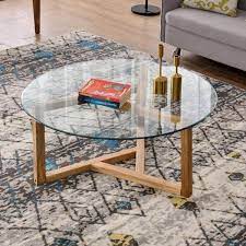Harper Bright Designs Oak Round Tempered Glass Top Coffee Table
