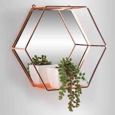 Rose Gold Hexagon Mirror Shelf Metal