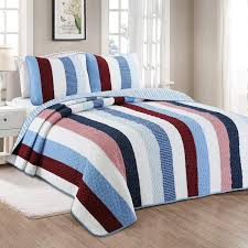 Cozy Line Home Fashions Stripes Stars Sailor Navy Patriotic Nautical 3 Piece Red Blue White Cotton Queen Quilt Bedding Set Blue White Red