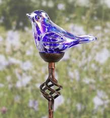 Solar Glass Bird Finial Stake Blue