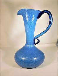 Art Glass Mcm Blown Blue Glass Pitcher