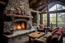 Rustic Stone Fireplace In A Log Cabin