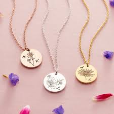Engraved Birth Flower Initials Necklace ...