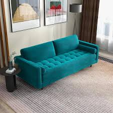 Nora 88 In W Square Arm Mid Century Modern Comfy Velvet Sofa In Teal Green Seats 3