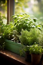 A Window Box Of Herbs In A Window Sill