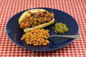 Large hot dogs, chopped (preferably a good brand of beef hot dogs). Grilled Hot Dog On Bun With Homemade Chili And Sides Of Baked Stock Photo Picture And Royalty Free Image Image 104708489