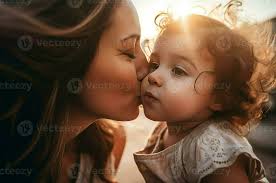 cute mother daughter kiss at morning