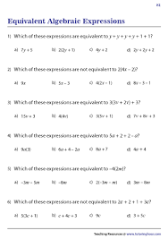 equivalent algebraic expressions worksheets