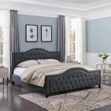 Dark Gray Fabric And Wood Bed Frame