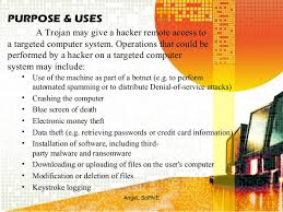 A trojan horse or trojan is a type of malware that is often disguised as legitimate software. The Trojan Horse Computing