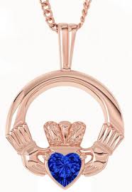Brands currency selector gold rate. Rose Gold Sapphire 18cts Irish Claddagh Necklace