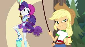 The human version of rarity is a counterpart to the pony rarity. 1562484 Safe Derpibooru Import Screencap Applejack Rarity Equestria Girls Legend Of Everfree Climbing Climbing Harness Out Of Context Smiling Smirk Smugjack Twibooru