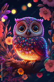 cute owl and flowers in colorful
