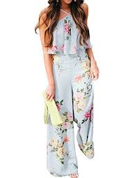 Ninimour Women Boho Style Ruffled Strappy Wide Leg Floral