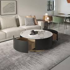 J E Home 35 43 In Black Modern Sintered Stone Top Drum Coffee Table With 2 Solid Wood Drawers