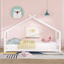 anbazar white twin size toddlers house bed with headboard and footbard wood house shape floor kids capony bed frame