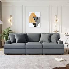 Harper Bright Designs 88 5 In W Square Arm 3 Seats Linen Sofa With Removable Back Seat Cushions And 4 Comfortable Pillows In Gray