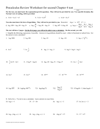Precalculus Review Worksheet For First