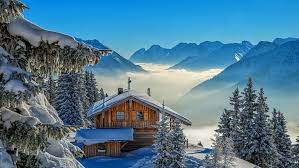 HD wallpaper: winter, mountain range, house, sky, snow, cabin, tree, massif | Wallpaper Flare